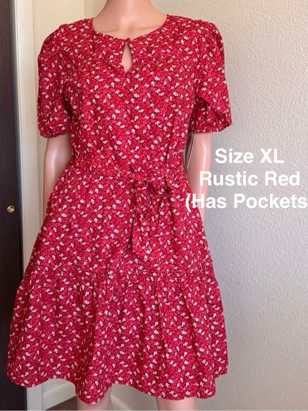 Time and Tru Women's Cotton Mini Dress with Puff Sleeves, XL, Rustic Red